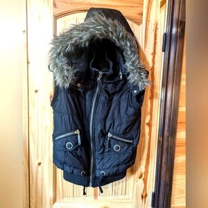 Black Hooded Vest with Faux Fur Trim